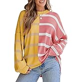 EVALESS Womens Striped Sweaters Long Sleeve Cable Knitted Color Block Casual Loose Lightweight Oversized Sweaters Pullover