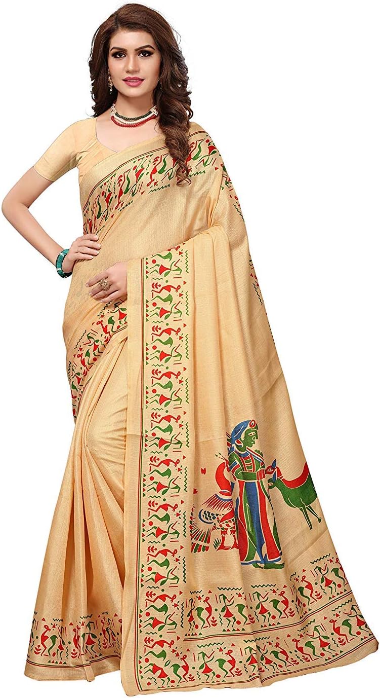 Tarshika Women's Art Silk Kalamkari Khadi and Bhagalpuri Style Saree with Blouse Piece (Multi-Color_Free_Size) KALAMKAARI 8 Cream