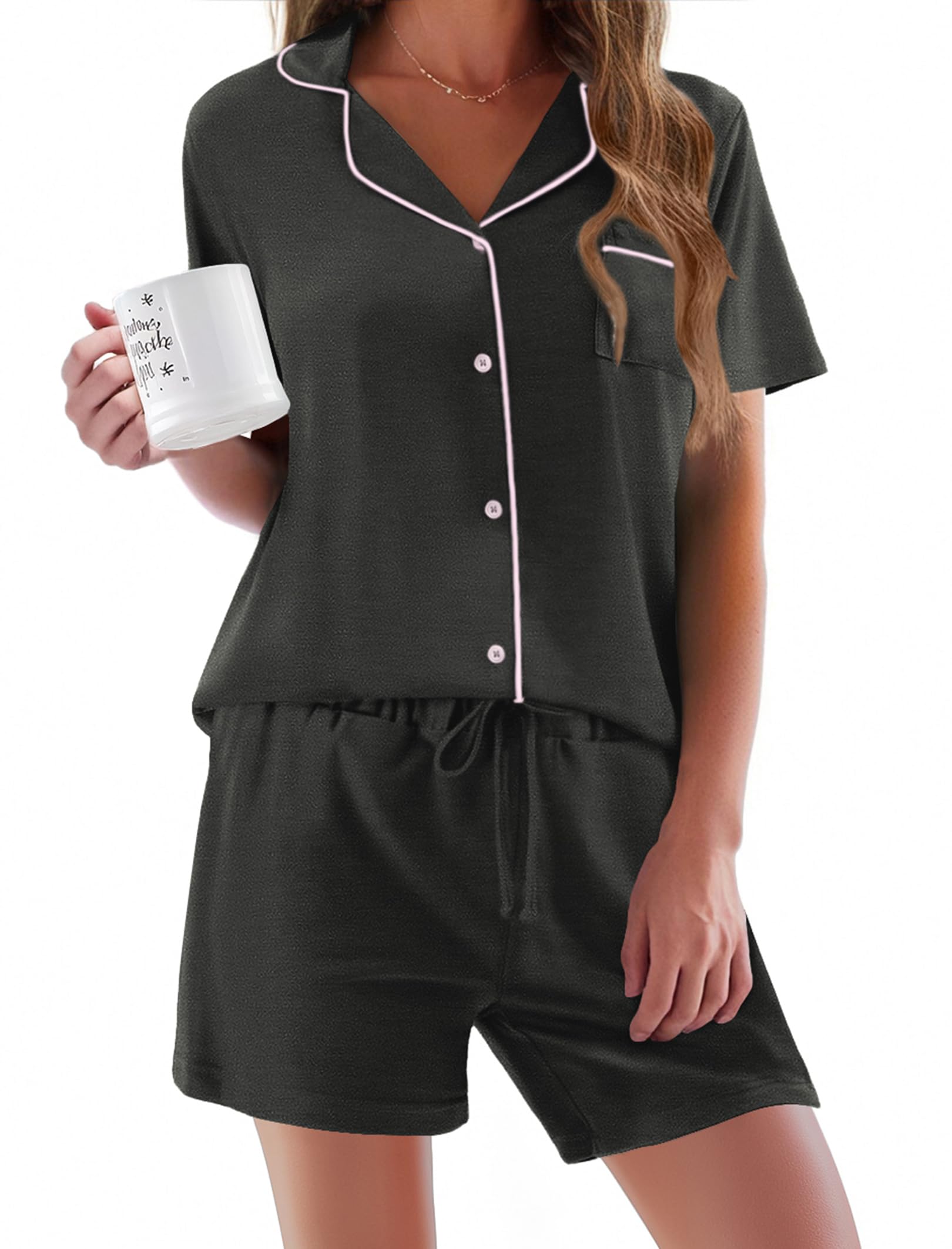 Photo 1 of Ekouaer Pajamas Set for Women Short Sleeve Sleepwear Button Down Pjs Soft 2 Piece Lounge Sets Deep Flower Gray Medium