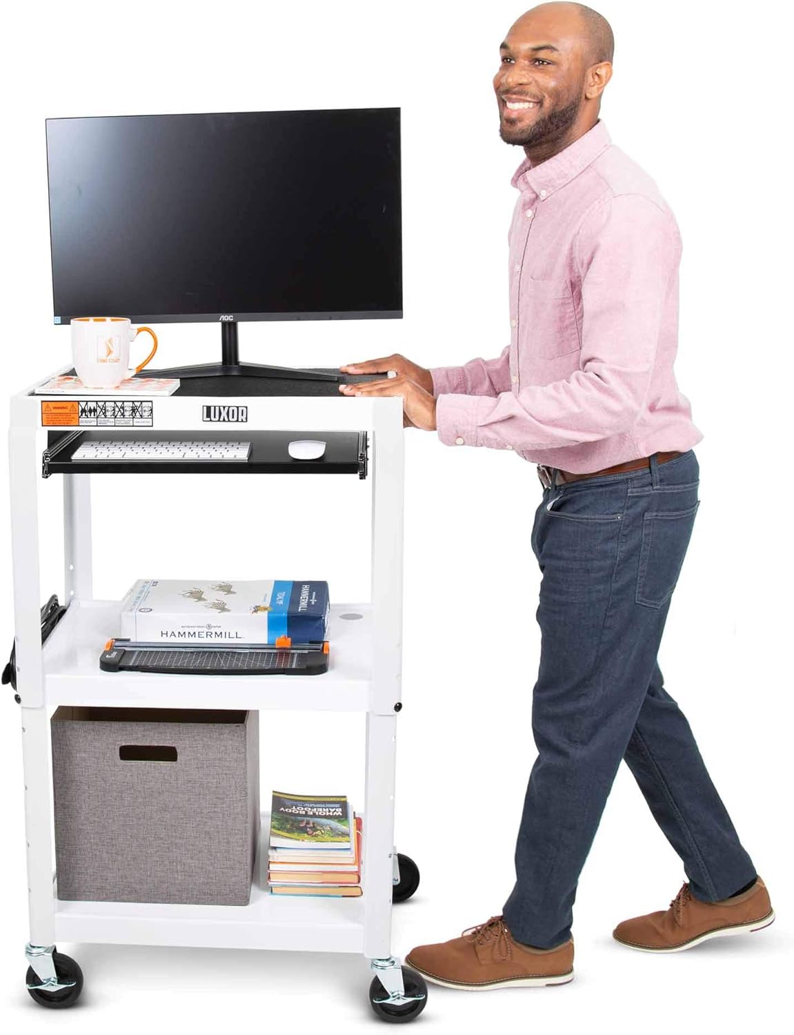 Line Leader White AV Cart | Height Adjustable Top Shelf & Pullout Keyboard Tray | Includes 15 ft Power Cord & Cord Management | Great for Modern Classroom or Workspace (42in x 24in x 18in / White) : Office Products