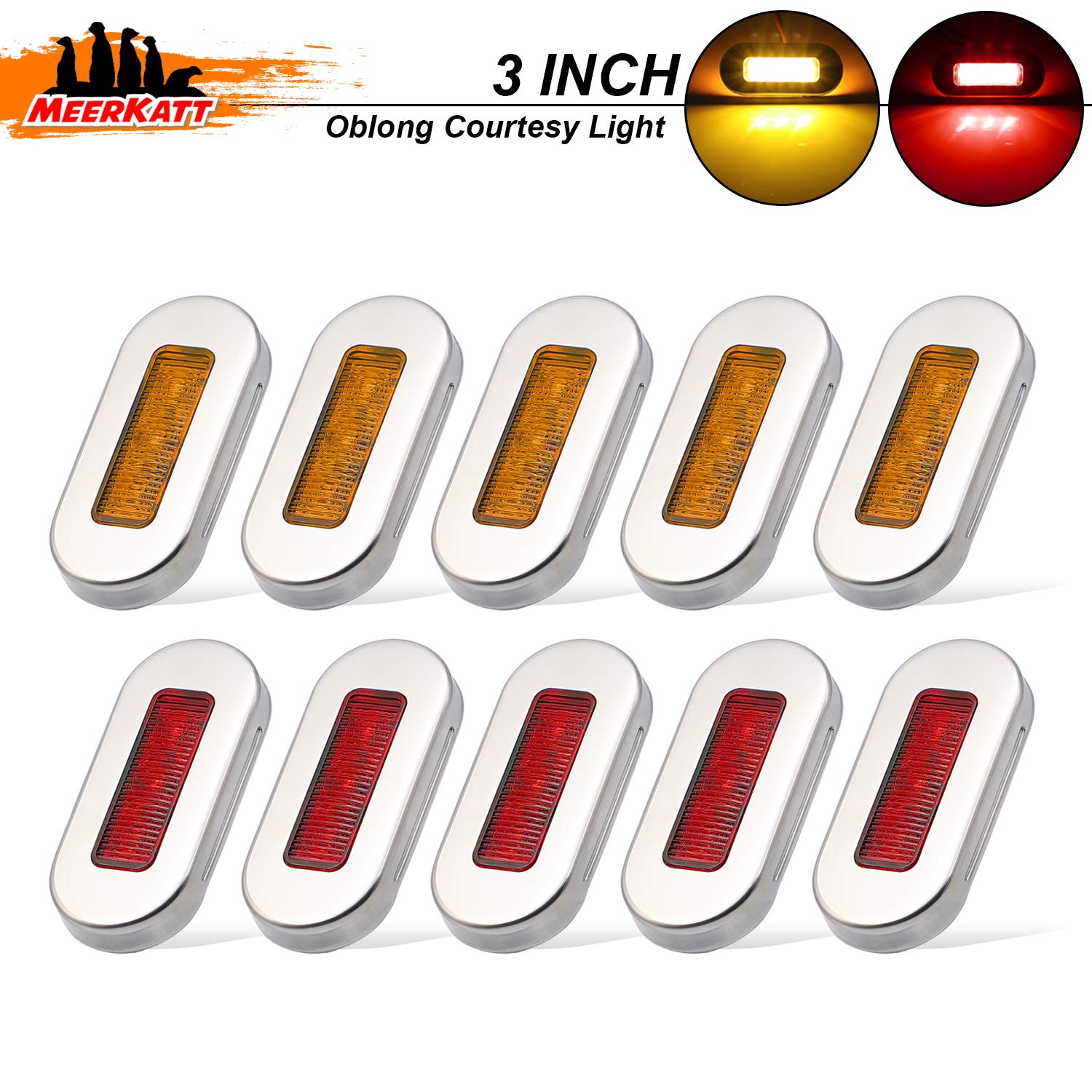 Meerkatt (Pack of 10) 3 Inch Oblong Amber LED Marine Courtesy Light Sealed Flush Mount Clearance Lamp for Yacht Stair Deck Garden Boat RV Cabin Truck Waterproof 12V DC with Chrome Stainless Bezel UV12