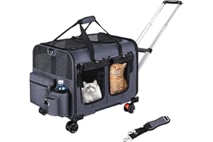 Pet Carrier with Wheels, Rolling Travel Bag for Cats and Dogs, Gray, Mesh Windows, Telescopic Handle, Storage Pockets