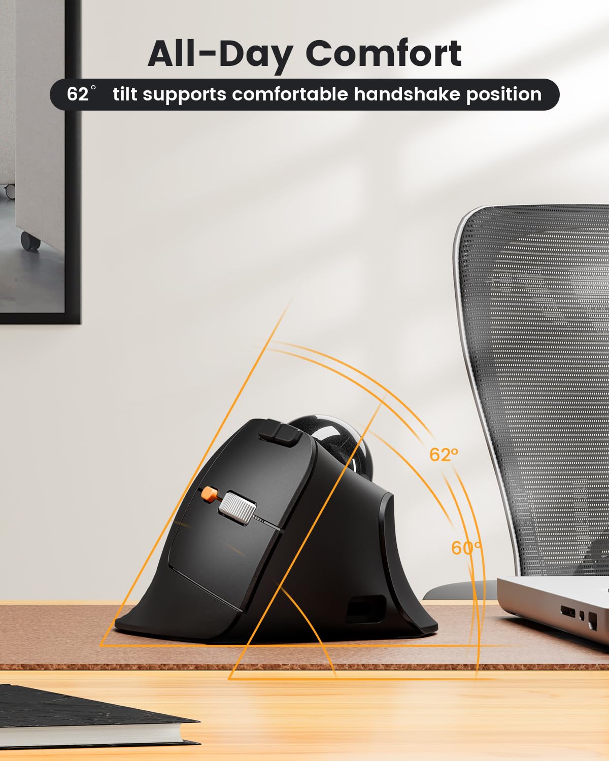 ProtoArc EM05 NL Vertikale Trackball Maus, Kabellos Bluetooth Rollerball Maus mit Fingerbedienung, Wiederaufladbare, 3-Geräte Verbindung, Kompatibel mit iPad Mac PC Laptop - Schwarz 3