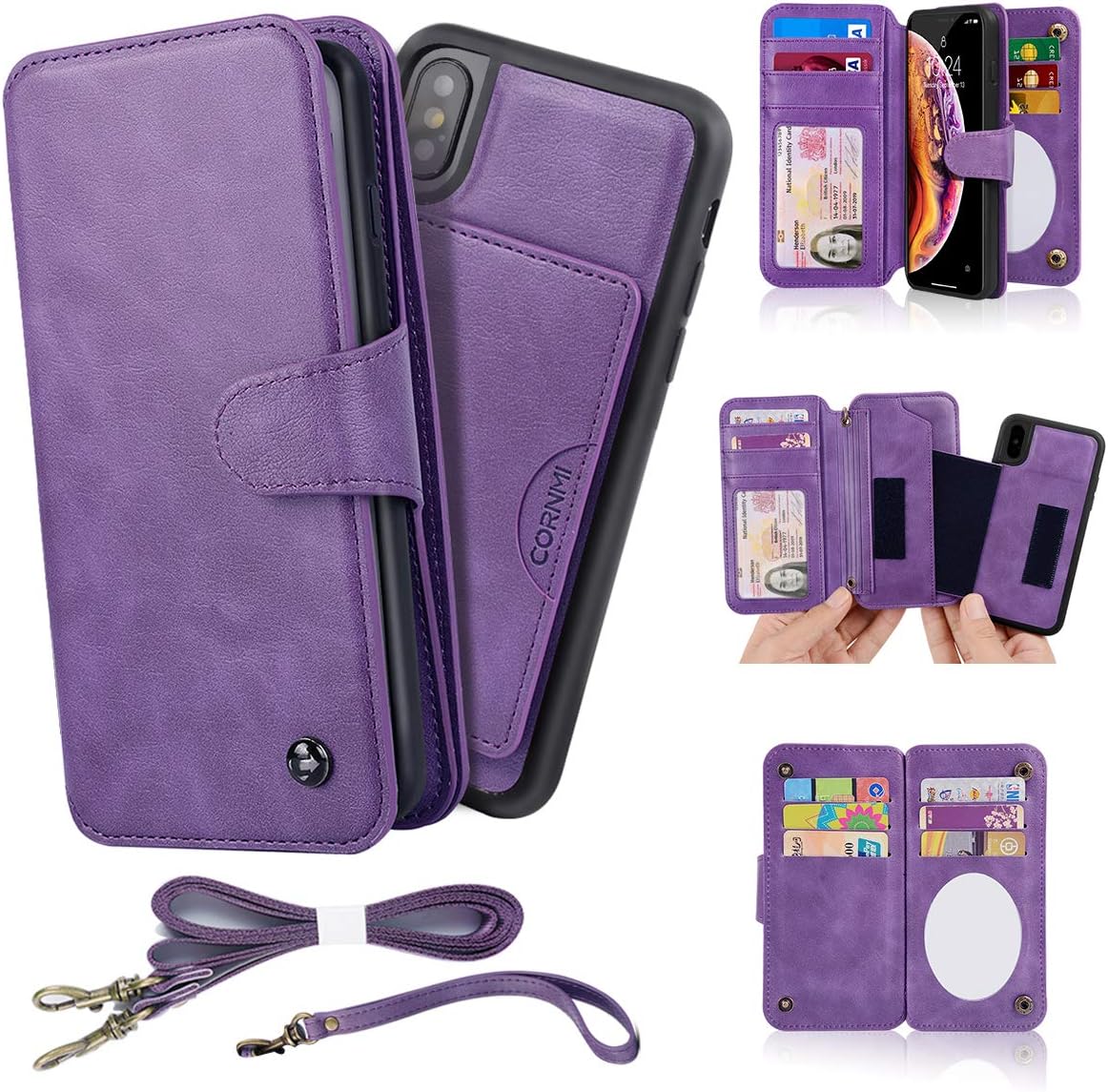 CORNMI iPhone X/XS Case, Leather Flip Wallet Cover [Detachable] [Wrist Crossbody Strap] Mirror Kichstand 13 Card Slots Zipper Pocket Folio Case for iPhone X/XS 5.8 inch - Purple