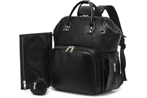 ROSEGIN Premium Vegan Leather Diaper Bag Backpack with Waterproof Changing Pad – Reinforced Stitching & Zippers, Baby Bag for Boy Girl, Stroller Straps, Ergonomic Design for Traveling Moms, Black
