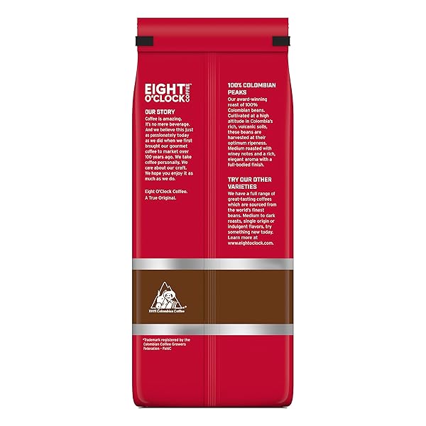 EIGHT O’CLOCK COFFEE 100% COLOMBIAN PEAKS WHOLE BEAN COFFEE, MEDIUM ROAST, 38 OUNCE (PACK OF 1) – RICH, WINEY & FULL BODIED