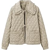 Vimida Women's Quilted Lightweight Jackets Long Sleeve Winter Cropped Cotton Padded Coat Jacket Bow Tie Puffy Outwear