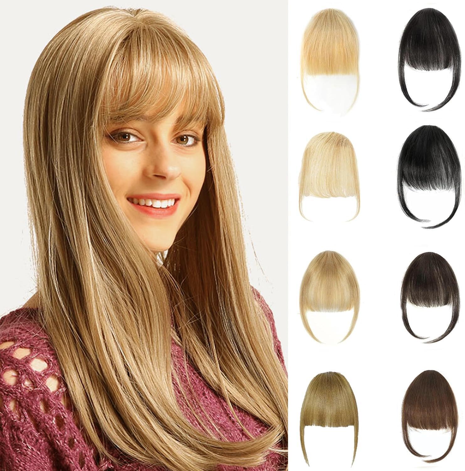 Alaleibaby Clip In Fringe Bangs Ash Blonde 100% Real Human Hair Bangs Clip in Hair Extensions Natural curved French bangs With Temples Short Hairpieces Natural Curved French Bangs