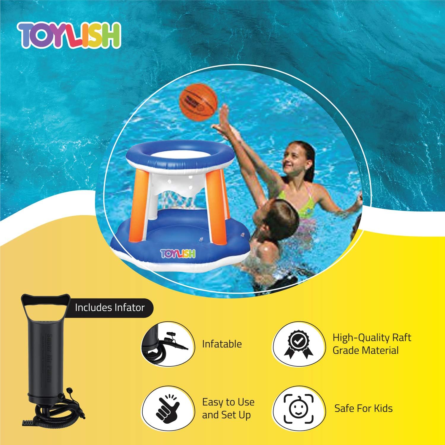 Inflatable Pool Float Set Volleyball Net & Basketball Hoops; Includes Bonus Air Pumper, Balls Included for Kids and Adults Swimming Game Toy, Floating, Summer Floaties, Volleyball Court (105”x28”x35”): Toys & Games