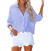 AISEW Womens Button Down V Neck Collared Shirts Dressy Casual Long Sleeve Roll Up Blouses Loose Cover Ups Tunic Tops