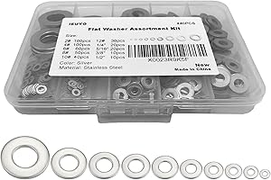 IEUYO 440PCS 304 Stainless Steel Flat Washers Assortment Kit - SAE Sizes 2, 4, 6, 8, 10, 12, 1/4", 5/16", 3/8", 1/2" - 10 Sizes - for Screws, Bolts, Nuts