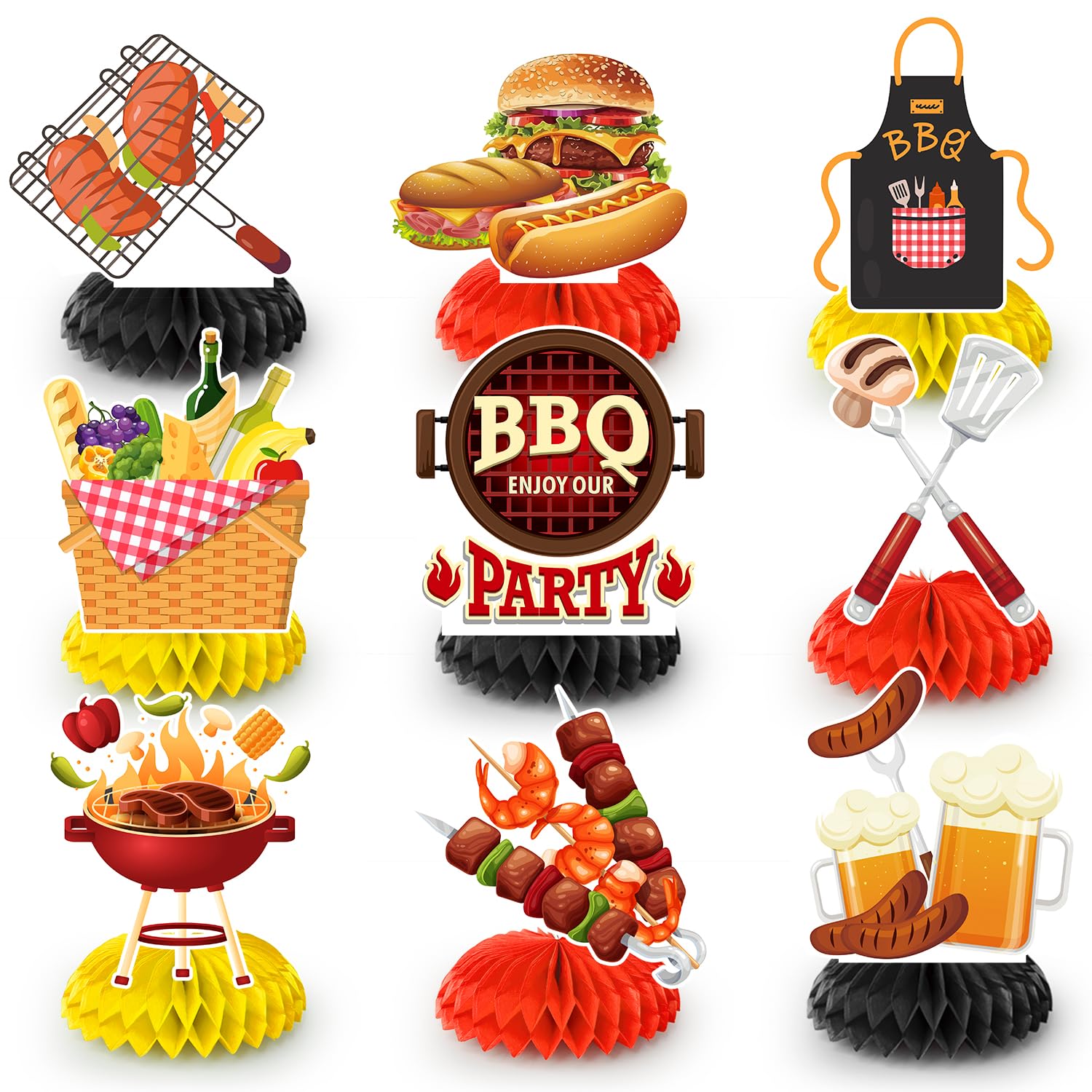 9pcs BBQ Baby Shower Centerpieces, Summer BBQ Centerpieces Summer BBQ Table Decor BBQ Theme Honeycomb Centerpieces for Picnic Party Decorations Supplies Summer Barbecue Holidays Supplies