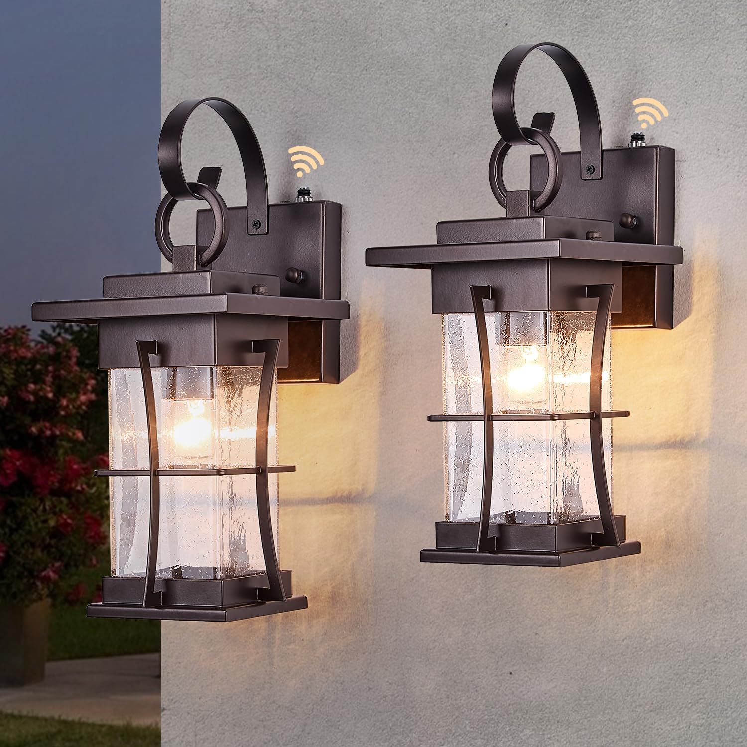 Photo 1 of 2 Pk Oil Rubbed Bronze Outdoor Sconces Light with Dusk to Dawn Sensor Photocell Exterior Wall Lanterns Outside House Lamps Waterproof Brown Metal with Seeded Glass Coach Light Fixtures for Porch