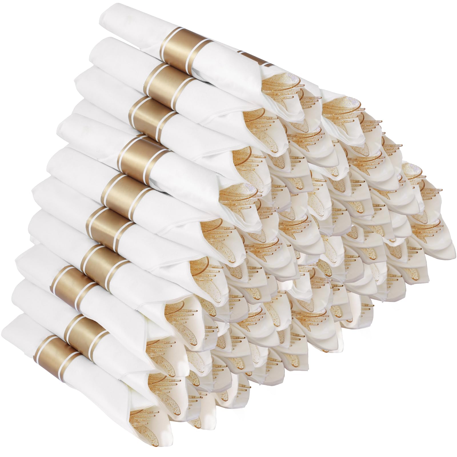 Photo 1 of Goodluck 50 Pack Pre Rolled Gold Glitter Plastic Silverware, Wrapped Cutlery Set with Napkin Include 50 Forks, 50 Knives, 50 Spoons and 50 Napkins, Fancy Disposable Silverware for Party, Wedding