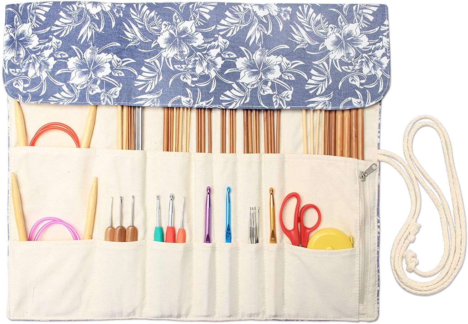 Teamoy Knitting Needle Wrap for Knitting Needles (up to 14-Inch/35.5cm), Crochet Hooks Circular Knitting Needles Storage Case with Slots, Flowers (Accessories Not Included)