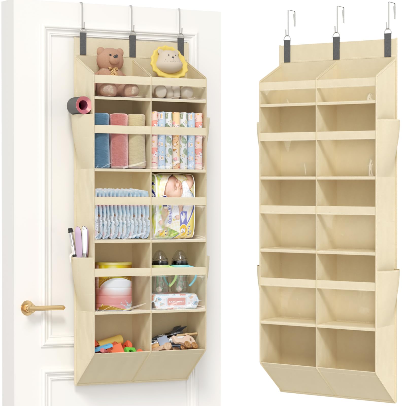 Lifewit 1 Pack Over the Door Organizer, Clear Window Hanging Storage with 4 Side Pockets, Anti Tilt 40 lbs Load Behind Door for Pantry, Nursery, Bathroom, Bedroom, Dorm, 10 Section, Beige
