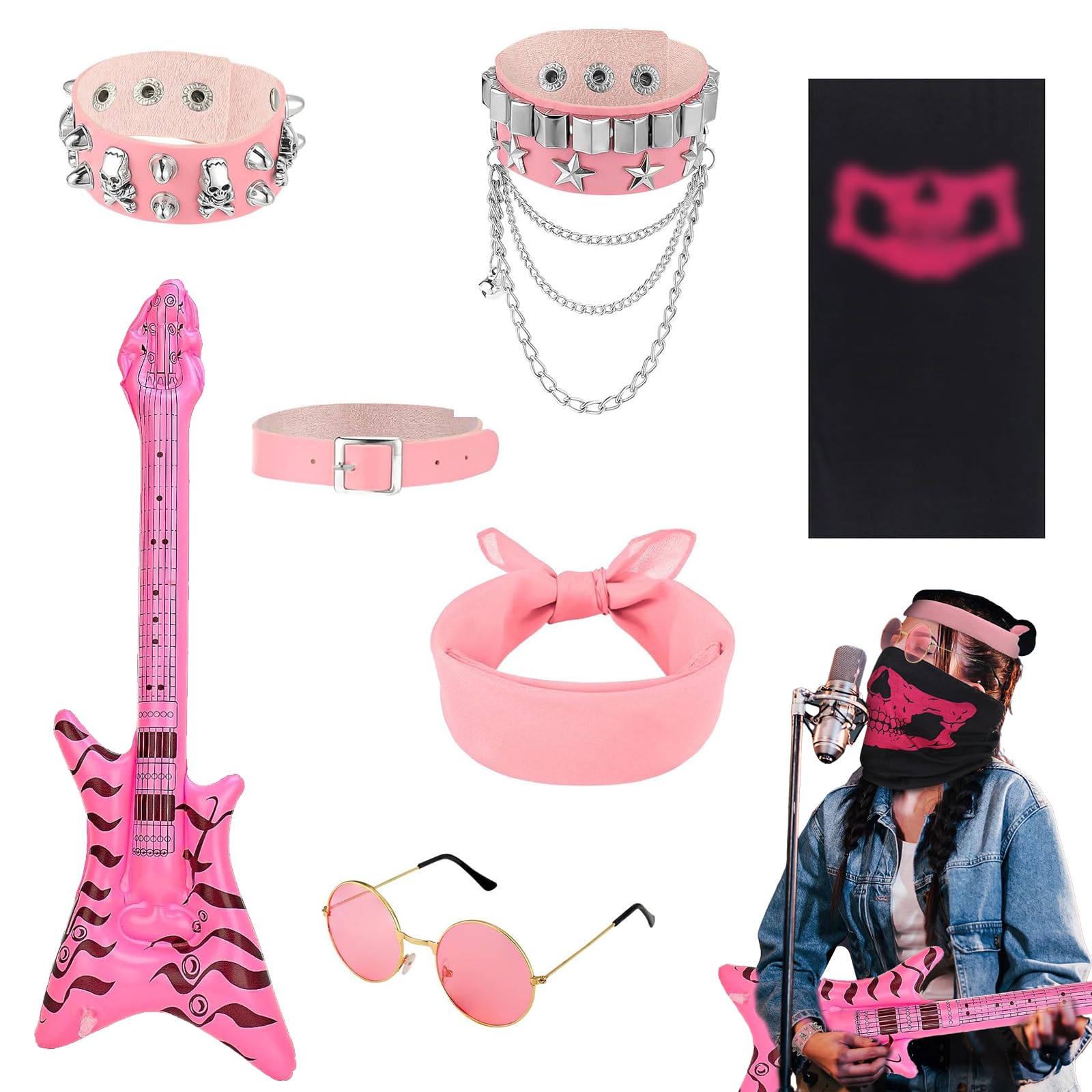 ZhongShuang 7pcs Rock Star Fancy Dress Rockstar Fancy Dress Punk Rockstar Accessories Rockstar Rock Star Costume and Costume (Pink)