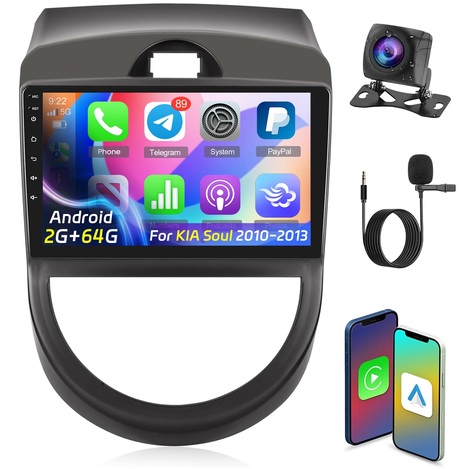 View 1 of [2+64G] NHOPEEW Car Radio for KIA Soul 2010-2013 - Wireless CarPlay and Android Auto - 9 Inch Touchscreen Android Car Stereo with DSP/WiFi/GPS/Bluetooth/SWC/Mirror Link + AHD Backup Camera