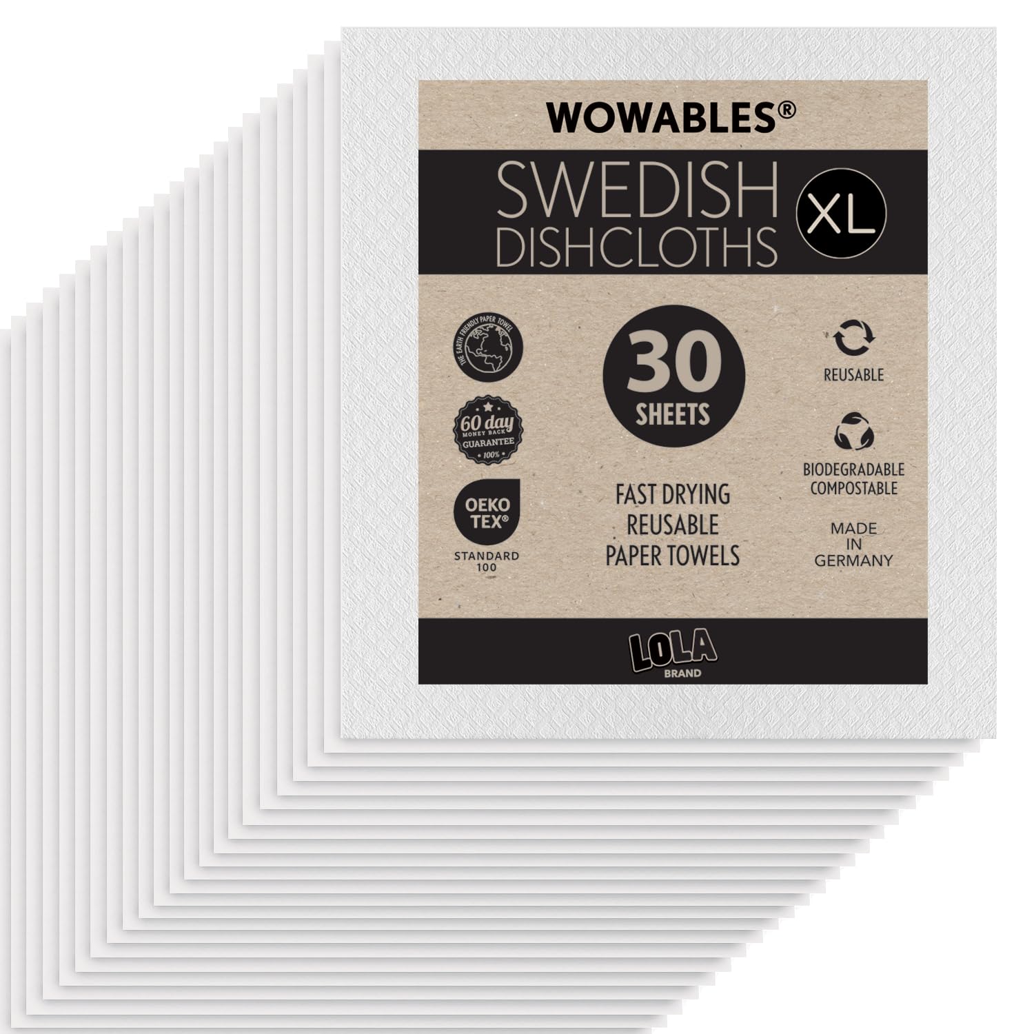 Photo 1 of LOLA Wowables XL Swedish Dishcloths, 30 Reusable Eco Cleaning Cloths, 11" x 10", Ultra Absorbent Cellulose Sponge Towel, Compostable, Made in Germany