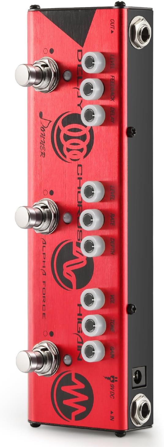 Donner Multi Guitar Effect Pedal Alpha Force 3 Types Effects Delay Chorus High Gain Pedal with Adapter, plain red - Image 5