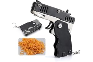 GBSELL Rubber Band Gun Toy, Mini Metal Foldable Toy Gun Keychain Gift with 60pcs Rubber Bands, Cool Burst Collapsible Rubber Band Gun Toy for Adults & Kids Shooting Game Outdoor Activities (Black)