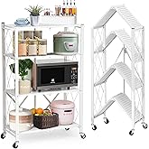 Lanstics 4 Tier Foldable Folding Shelves Heavy Duty Storage Shelving with Wheels Metal Shelf Standing Shelves Units for Home Kitchen Living Room