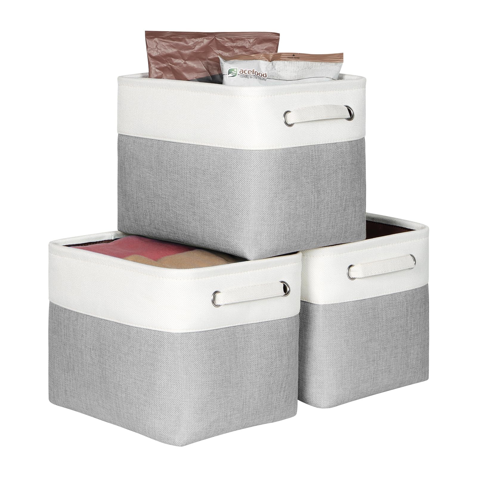 KEEGH Fabric Storage Baskets Set of 3, 12in Storage Boxes for Shelves, Foldable Storage for Hard Bottom Storage, Fabric Basket with Handle, Storage Boxes for Home and Office-White/Grey
