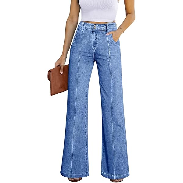 【YOURNUS】Tassel Light Blue Wide Denim Rhinestone Fringe Denim Jeans, High Waist, Light Blue Wash