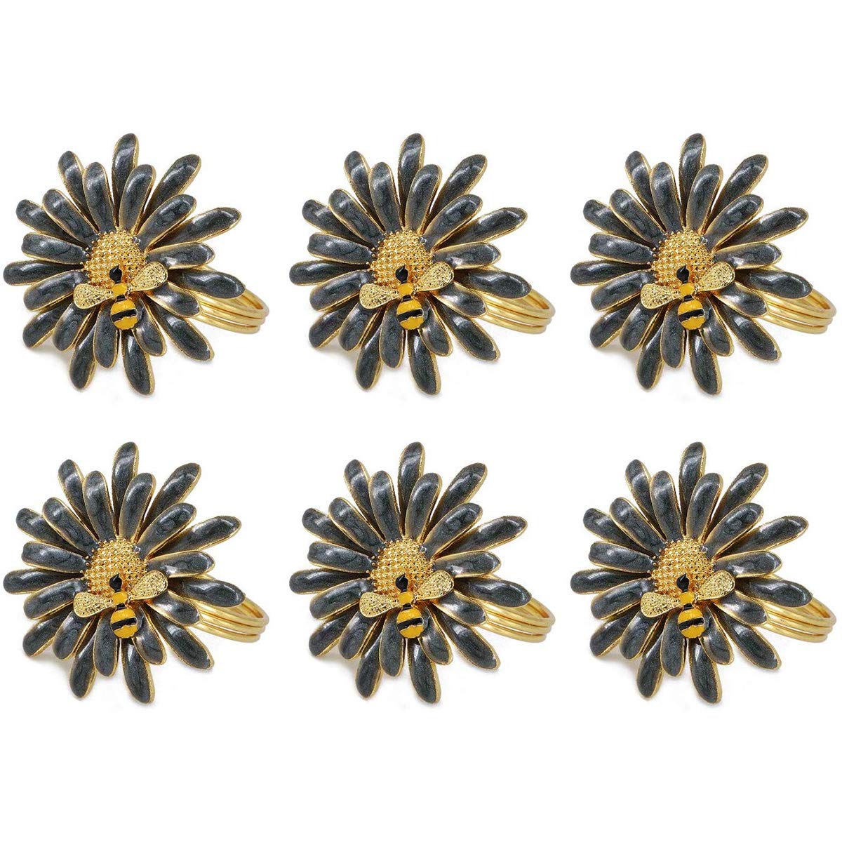 Booluee 6 Pcs Metal Daisy Flower Napkin Rings Set, Cute Bee Flower Napkin Holders Serviette Buckles for Christmas Holiday Wedding Banquet Carnival Party Table Decorations (Gray)