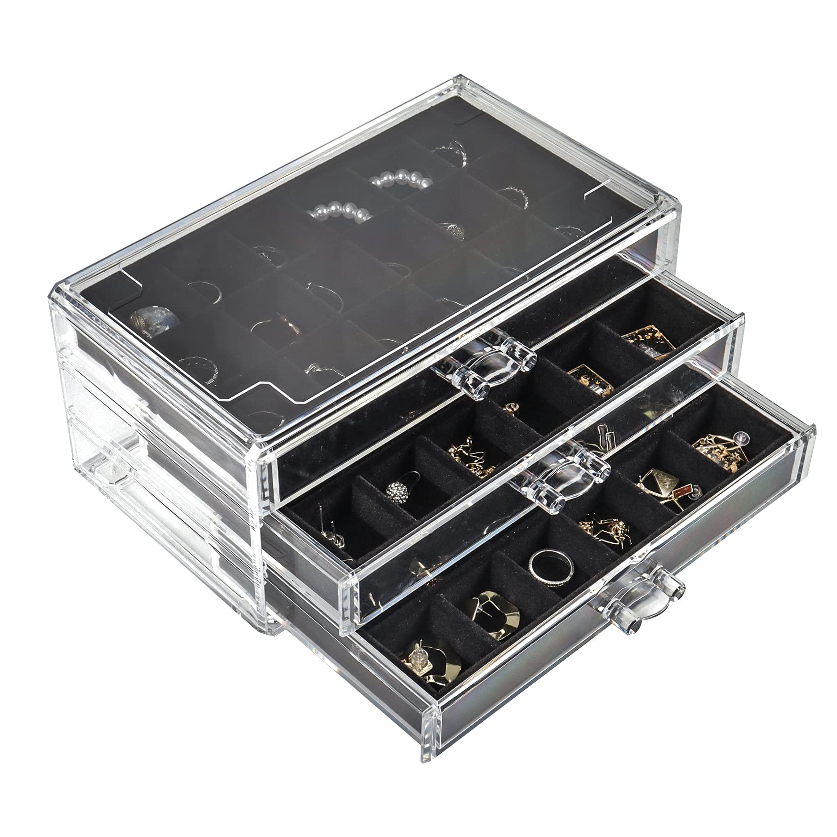 Nwvuop Acrylic Jewellery Boxes with 3 Drawers Jewelry Organiser Box Ring Earring Storage Organiser for Women and Girls Black