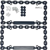 Universal Chrome Mega-Metal Round Chain Link Design License Plate Frame with Screws Caps, Set of 2 (Black)