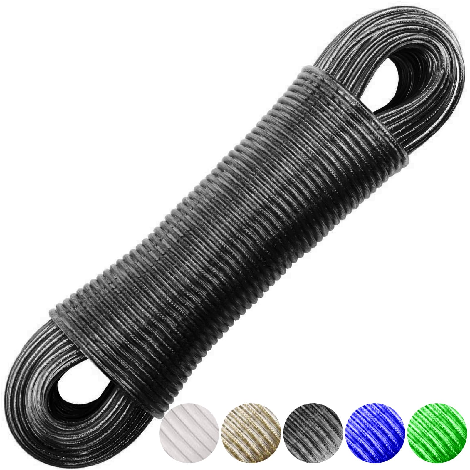 Washing Line Rope with Steel Core, 20m Heavy Duty Washing Line with 2 Tensioners, Strong Clothes Line for Indoor, Outdoor, Garden, Black