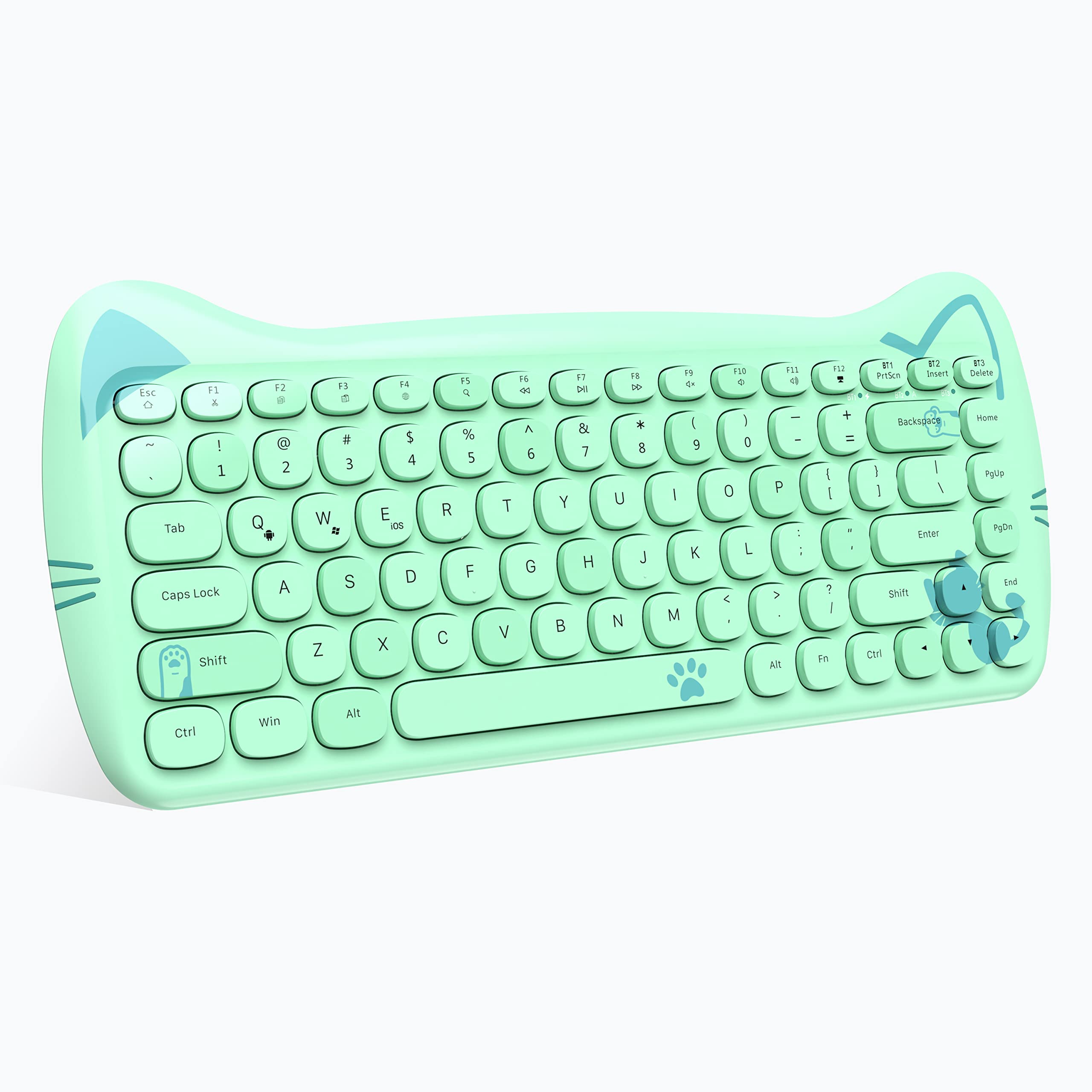 ZIYOU LANG 3060i Wireless Cute Computer Keyboard 80% Percent Lovely Cat Retro Silent Slim Bluetooth Keyboard with Typewriter Round Matte Texture Keycap Multi Device Connection for PC Laptop Mac-Green
