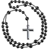 TUMBEELLUWA Hematite Cross Pendant Beaded Necklace for Men Women, Catholic Rosary Necklace for Faith Prayer Protection