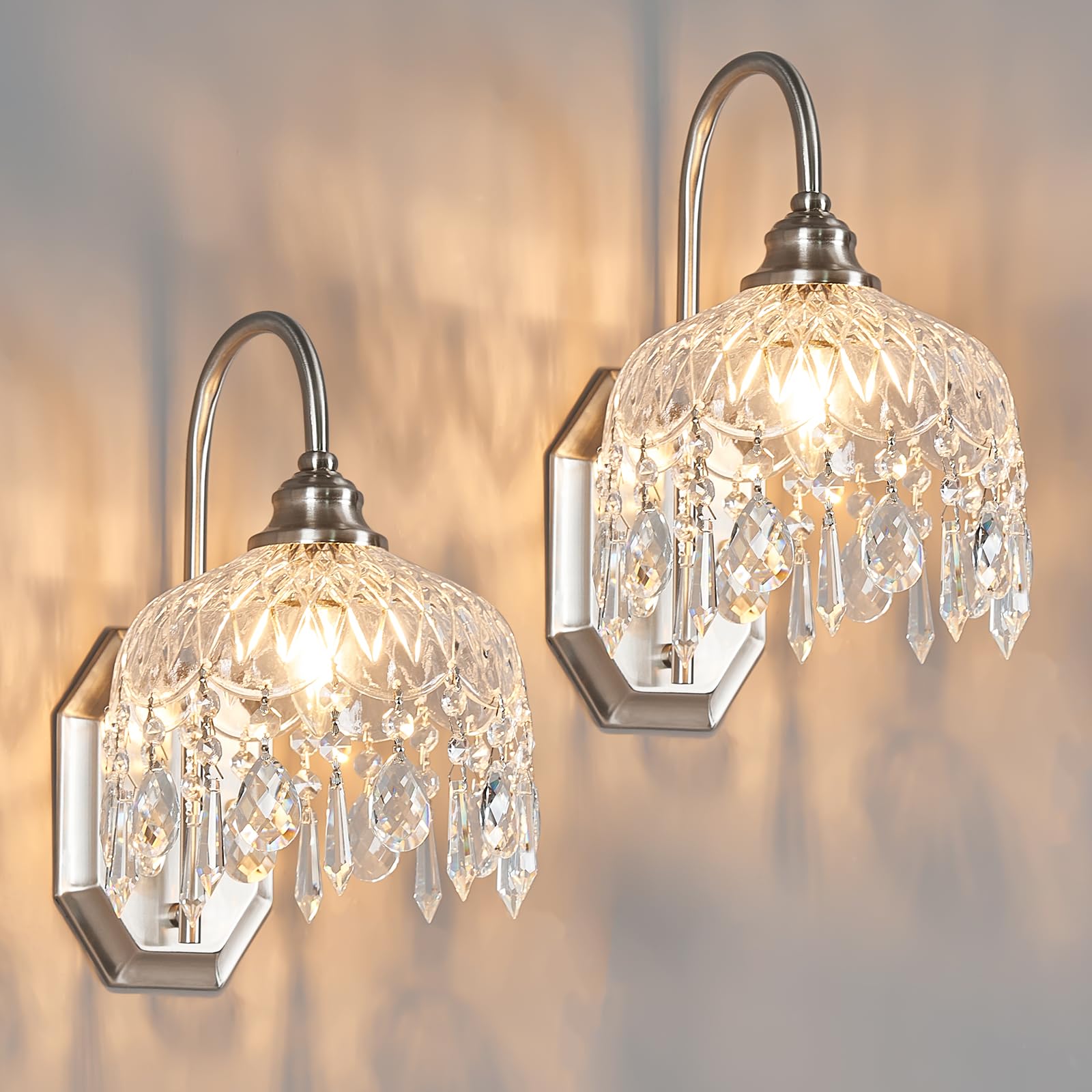 Photo 1 of JXJYHL 2-Pack Vintage Wall Sconce,Glass Crystal Wall Sconce,Matte Brushed Antique Nickel Finish Set of Two for Bedroom Bathroom Hallway Living Room Decor