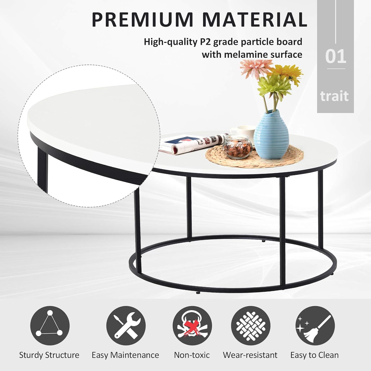 HOMCOM Wood Round Coffee Sofa Table Side with a Modern Design, Black Metal Frame and Easy Maintenance, White: Furniture & Decor
