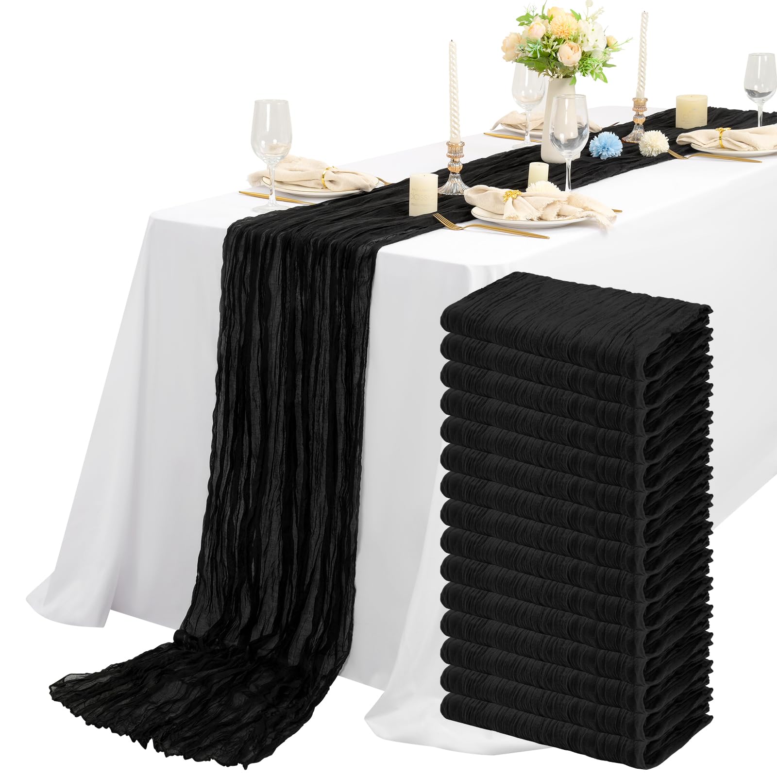 15 Packs Cheesecloth Table Runner Black Semi-Sheer Table Runner 55x300cm, Black Rustic Gauze Boho Table Runner, Wedding Table Decor Table Cloth for Bridal Shower Party Wedding Holiday