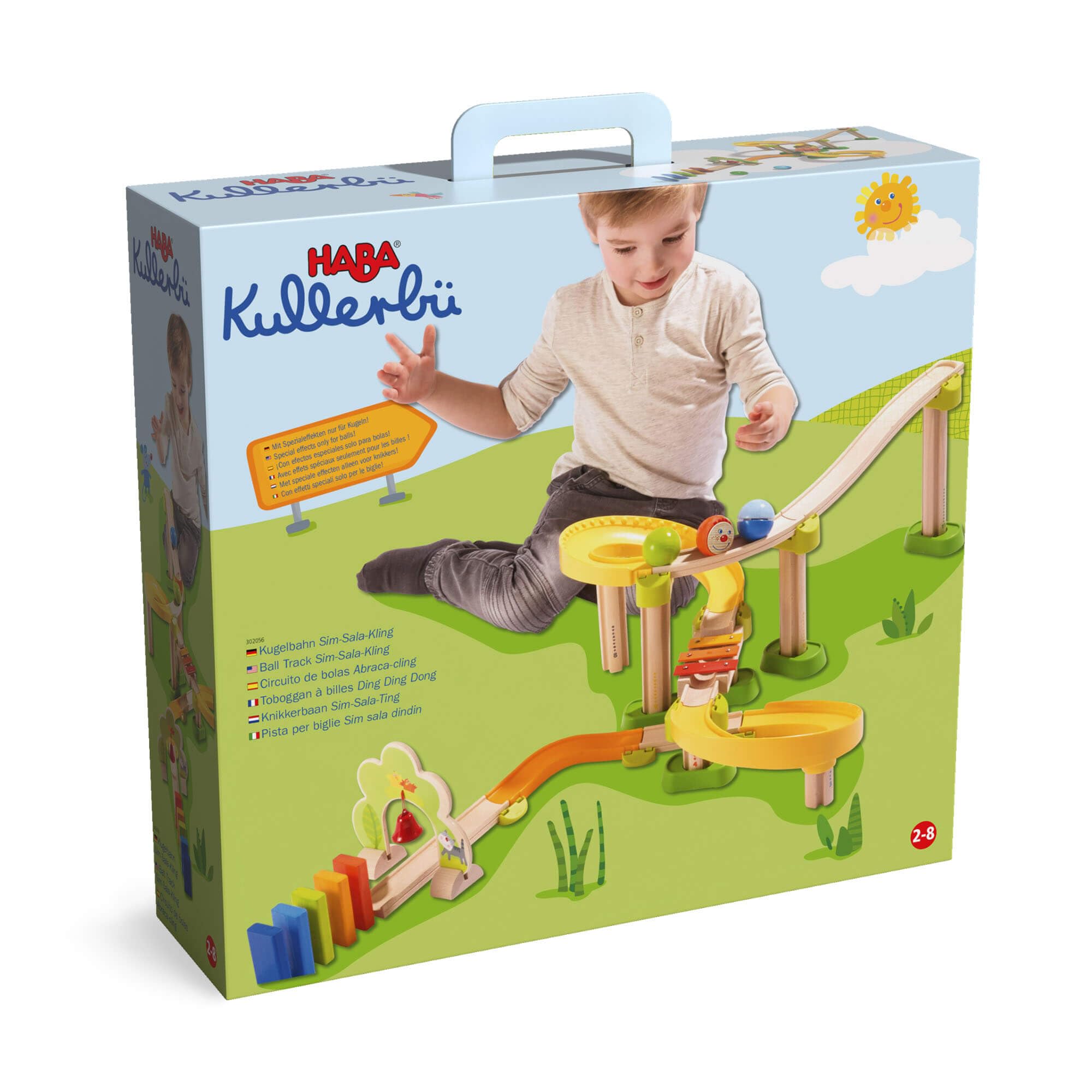 HABA Kullerbu Sim-Sala-Kling - 38 Piece Wooden & Plastic Train Track Set for Balls with Musical Effects and Domino Blocks