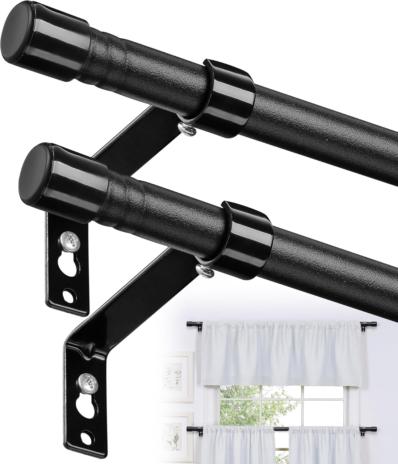 Window Treatment Hardware - Curtain Rods for Windows 2 pack, 5/8 Inch Diameter 30-48 inch Small Curtain Rod Set, Heavy Duty Drapery Adjustable Rods with Brackets for Room Divider, Living room, Kitchen, Bathroom, Black
