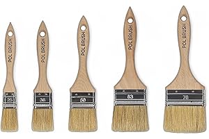 POL BRUSH Set of 5 1, 1.5, 2, 2.5, 3 Inch Flat Paint Brushes - High European Quality - Natural Bristles - for Home, Wood, Walls, Art, Trim & Furniture - for Acrylic, Oil, Stain, Chalk & Latex Paints