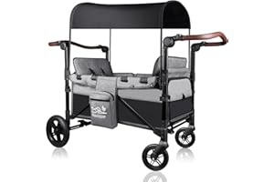 ROVIQUE Wagon Stroller for 2 Kids, All-Terrain Stroller Wagon with Extra Long Extender, Aluminum Foldable Wagon with Convertible Seats, Removable Canopy, Snack Tray, Adjustable Push/Pull Handle