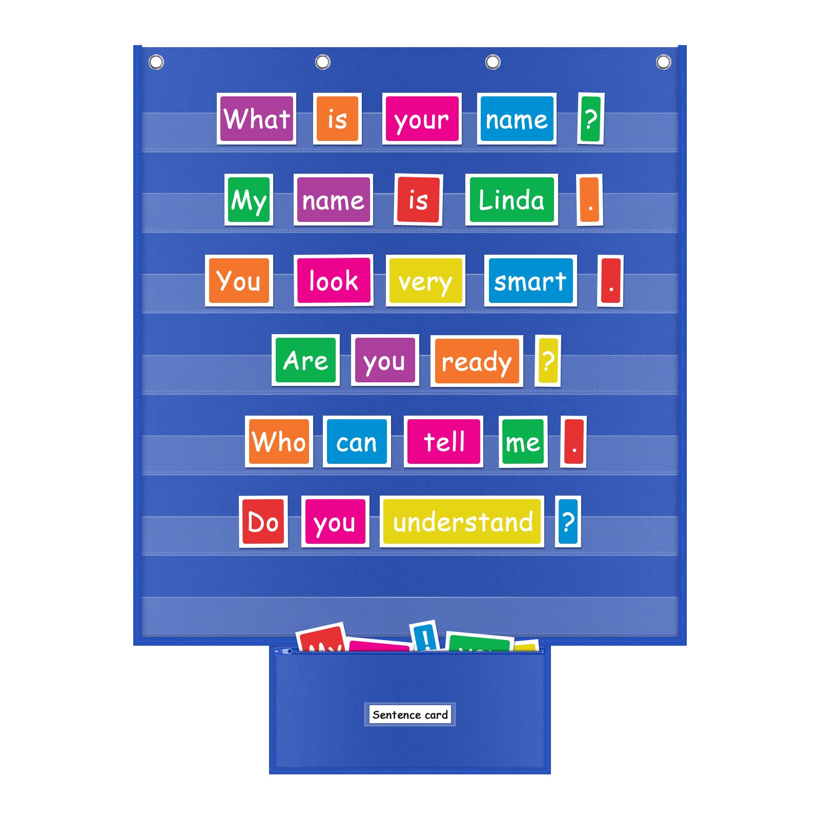 Photo 1 of ALSLEA Standard Pocket Chart for Classroom with Zipper Storage Bag 28"x28" Wall Hanging File Display Pocket Chart with 7 Sentence Strips Holder Teacher Essential (Blue)