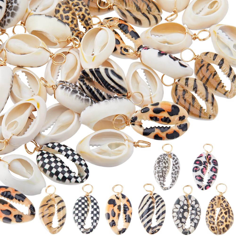 Beebeecraft 1 Box 50Pcs Natural Shell Charms 18K Gold Plated Cowrie Seashells Charms for Sea Jewellery Making DIY Crafts