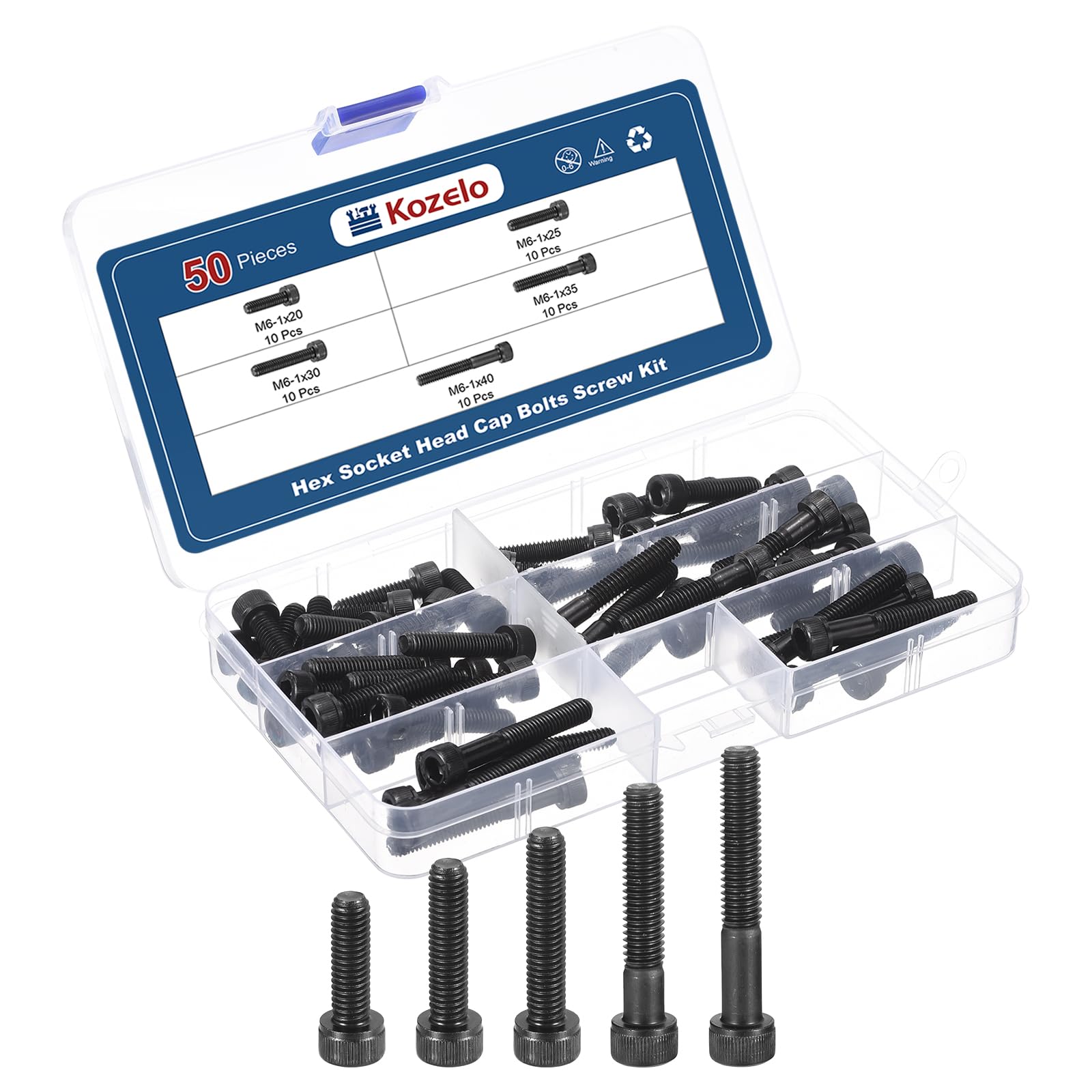 Kozelo 50pcs M6 Socket Head Cap Screws Bolts Nuts Assortment Kit - [M6x20/25/30/35/40mm] Alloy Steel Fully Threaded Black Oxide 12.9 Internal Hex Screw for 3D Printer Use — image 1