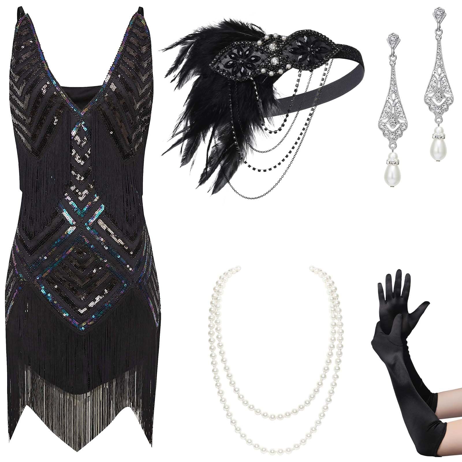 Photo 1 of BABEYOND Women's 1920s Flapper Dress V Neck Slip Dress Roaring 20s Great Gatsby Dress for Party, 2 Set - Black