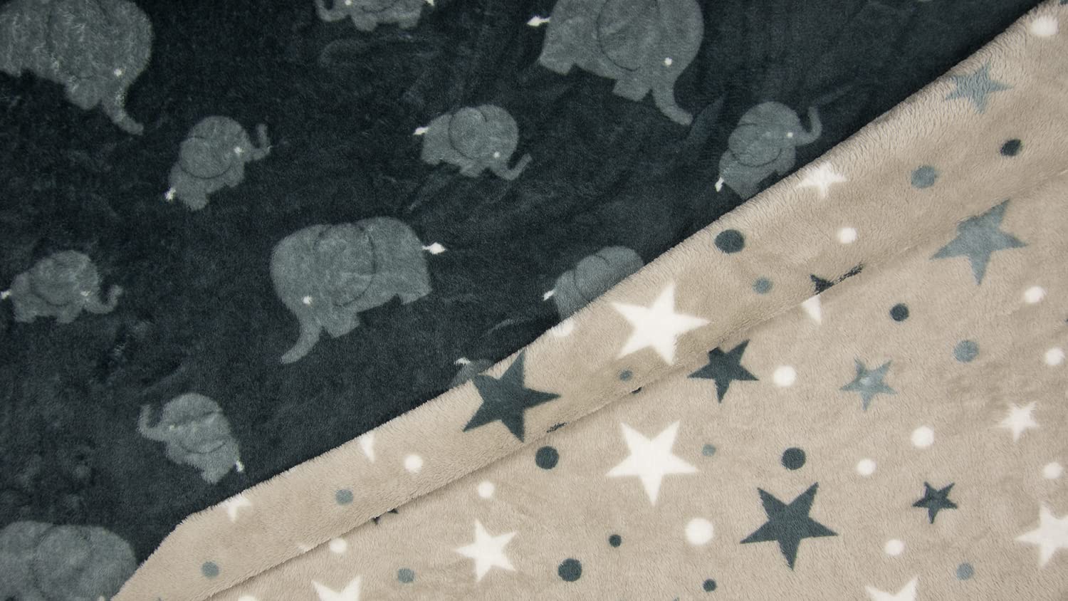 Luxury Reversible Soft Coral Cuddle Fleece Fabric Material - Elephant Stars Grey, 1Mtr 150cmx100cm