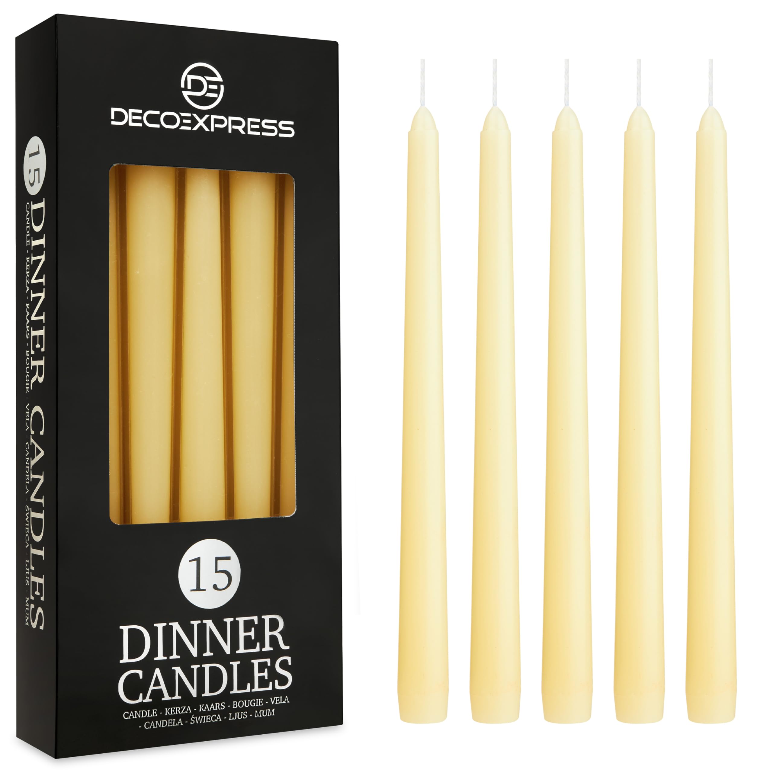 DECO EXPRESS Candles Set, Pack of 15 Classic Dripless Tapered Metallic Dinner Candles, Unscented with 8 Hours Burning Time, Home, Valentine’s Day & Mother’s Day Decor Idea (Ivory, 15 Pack)