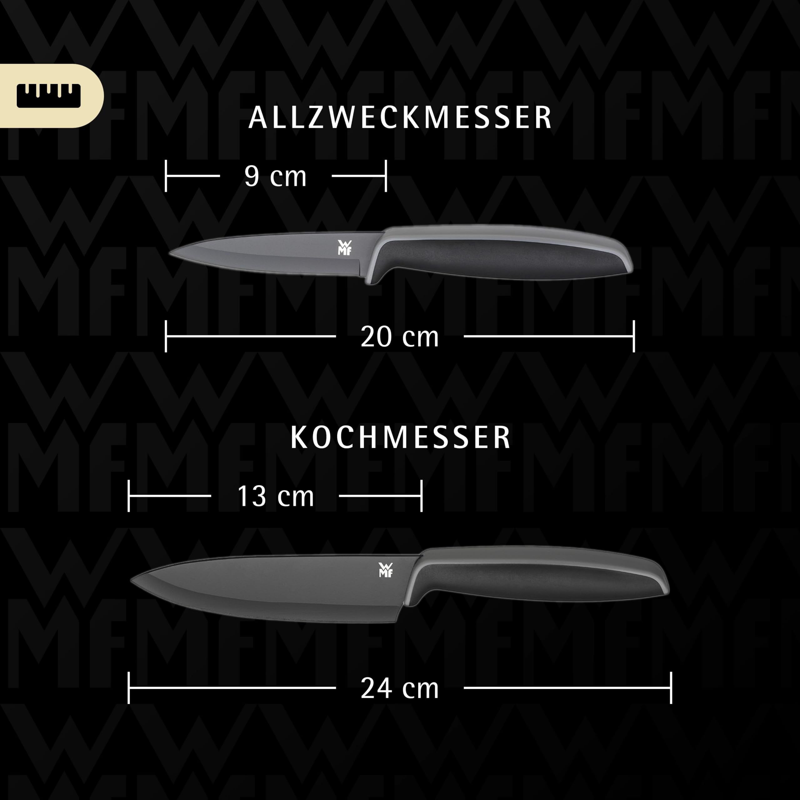 WMF Touch Messerset 2-teilig – scharfes Küchenmesser-Set aus Spezialklingenstahl, antihaftbeschichtet und ergonomisch geformt, mit Schutzhüllen, bestehend aus Kochmesser und Gemüsemesser, schwarz 2