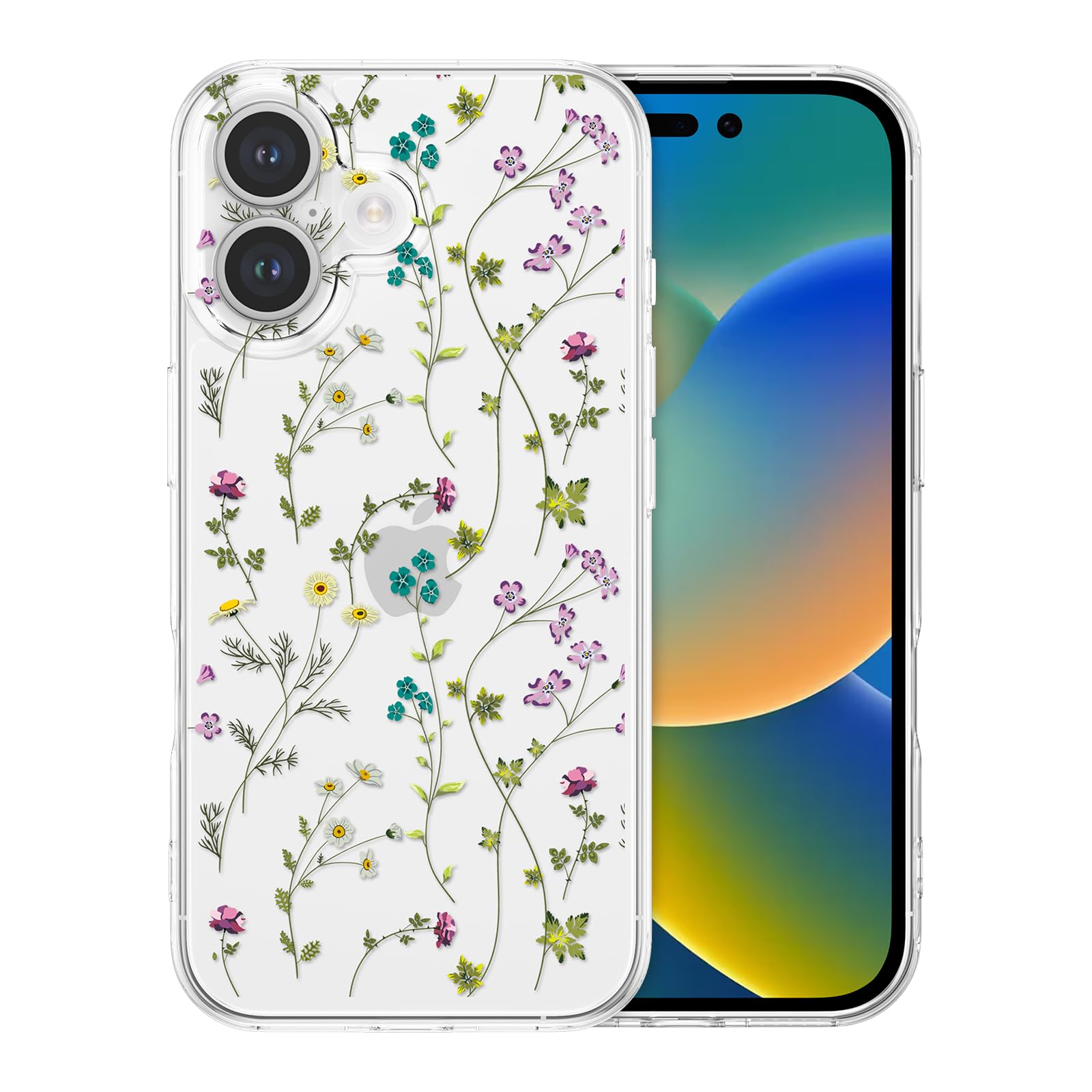 RALEAVO Clear Floral Case Compatible with iPhone 16 Plus (6.7"), Shockproof Silicone Transparent Case Cover with Cute Flower Protective Bumper Case for iPhone 16 Plus-Clear