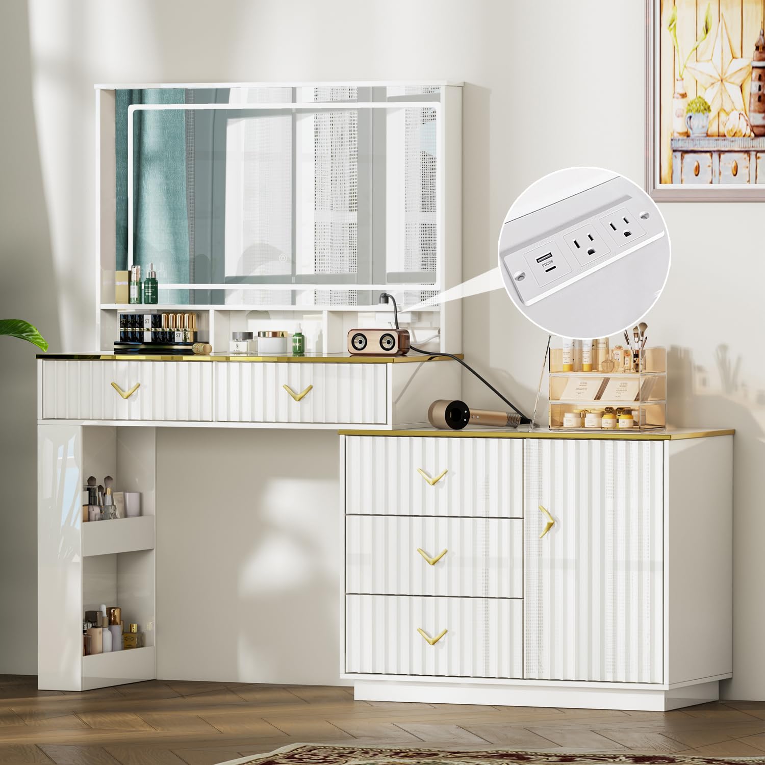 Photo 1 of 57“Makeup Vanity Desk with Mirror and Lights, Vanity Desk with 5 Drawers & Storage Shelves, Vanity Table with Power Outlet, 3 Color Modes & Adjustable Brightness Dressing Table, Bedroom,White